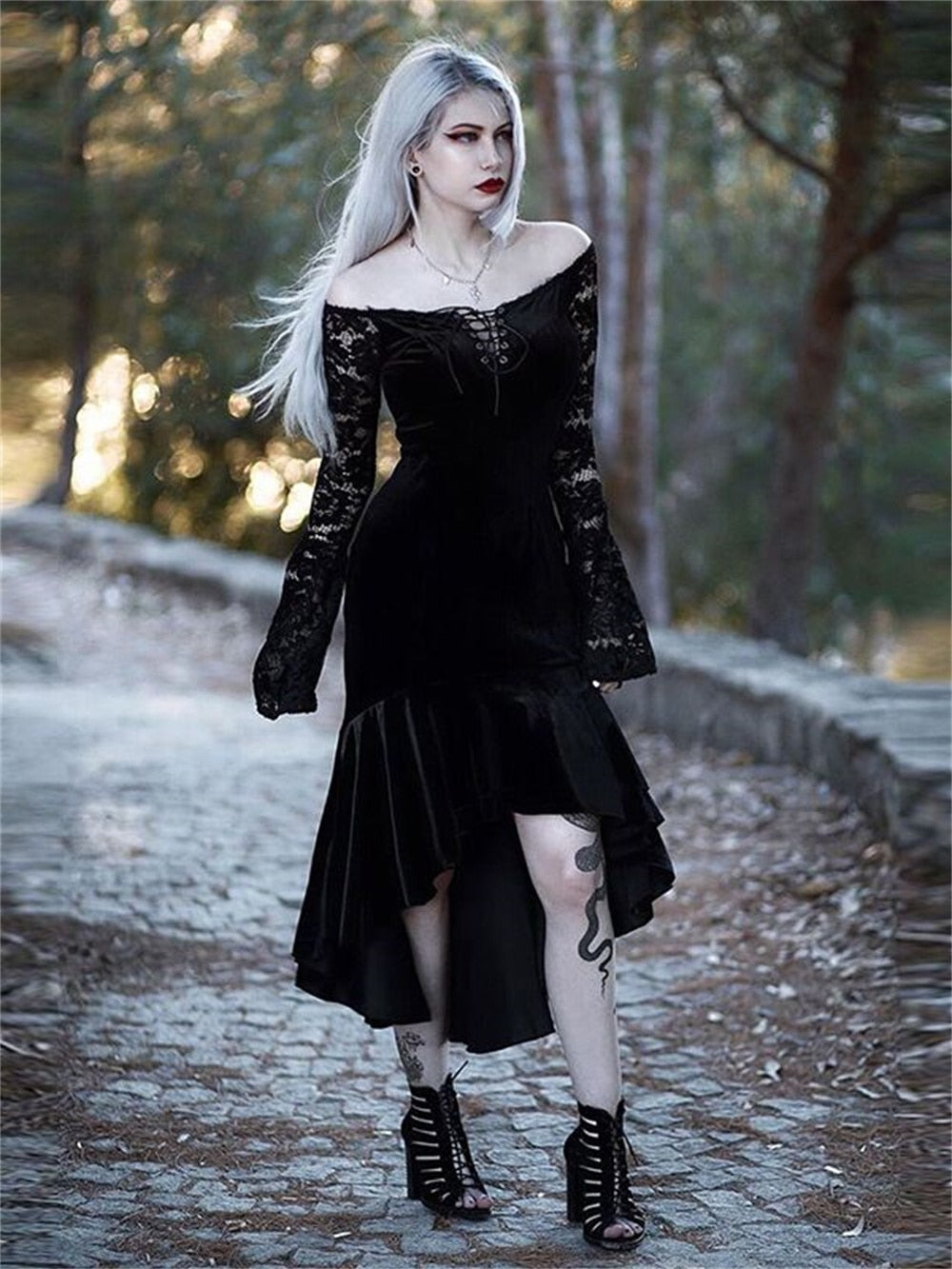 Gothic Dark Mesh Midi Dress Women Victorian Costume Velvet Robe Renais ...