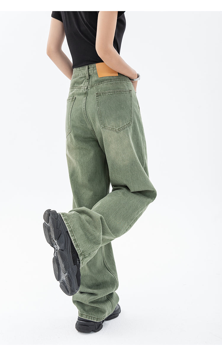 Vintage Green Women's Jeans Fashion Trousers Streetwear High Waist Wide Leg Summer Y2K Baggy Casual Straight Mom Denim Pants