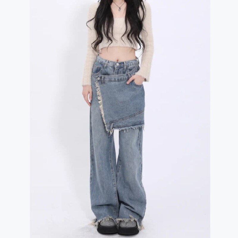 Feiernan Vintage Women Pants Y2k Patchwork Low Waist Denim Jeans Blue Full Length Trousers Spliced Oversized Wide Leg Bottoms