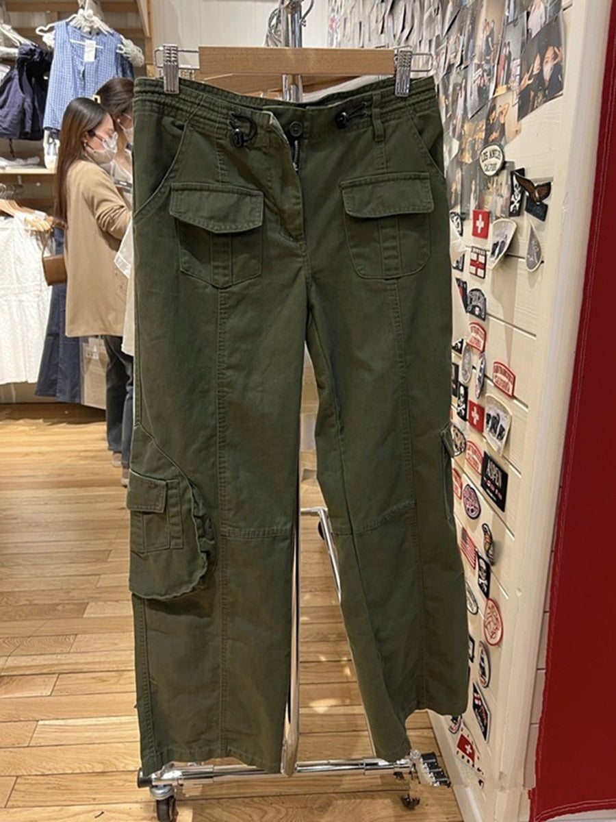 Lizakosht Vintage Casual Green Cargo Pants Women Spring Solid Adjustable Elastic High Waist Straight Pants Retro Streetwear Y2k Trousers