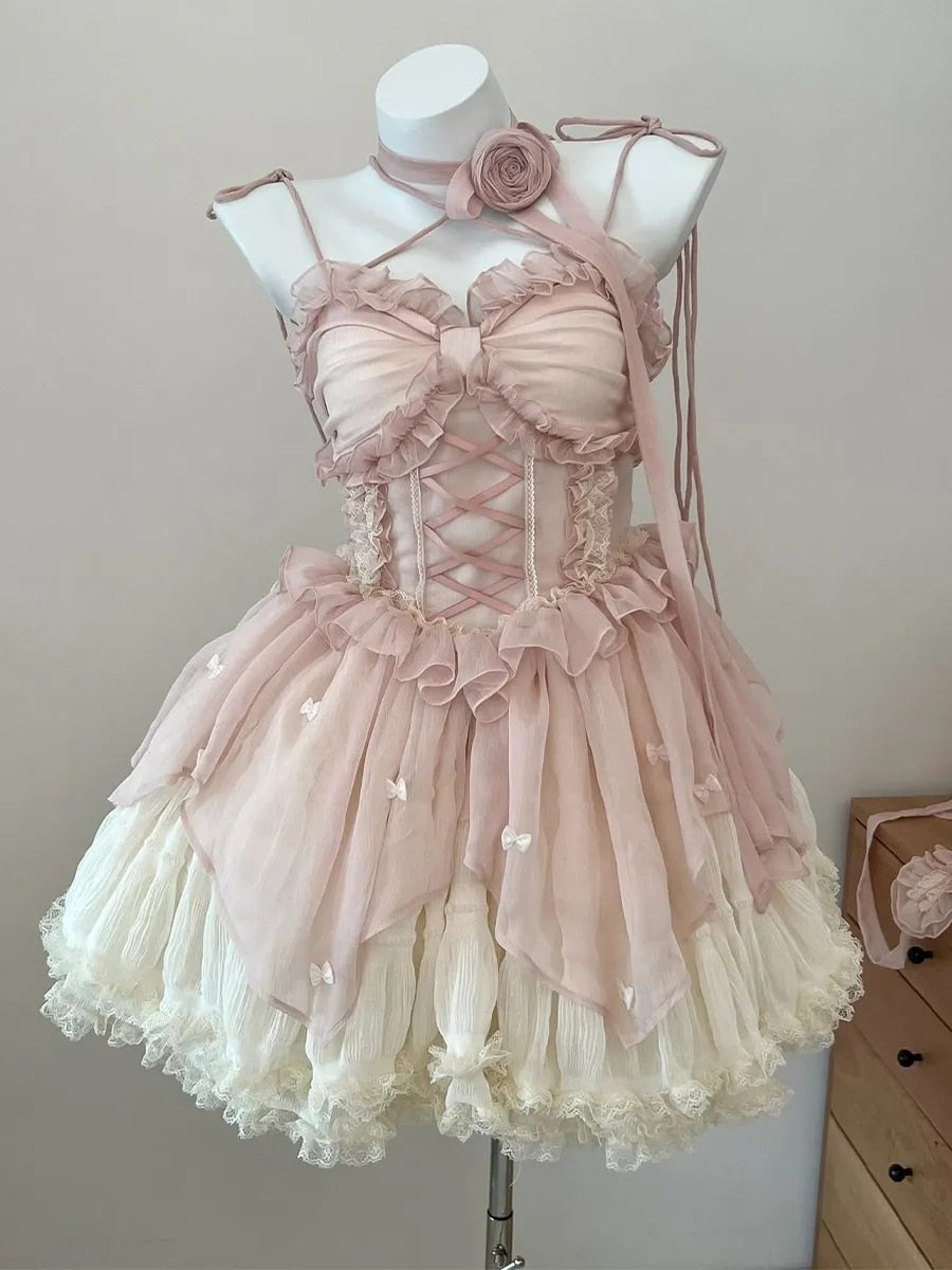 Lizakosht Summer Women Sweet Pink Lolita Dress Female Ruffle High Waist prom Mini Dress Japanese Summer Girl Kawaii Party Dresses