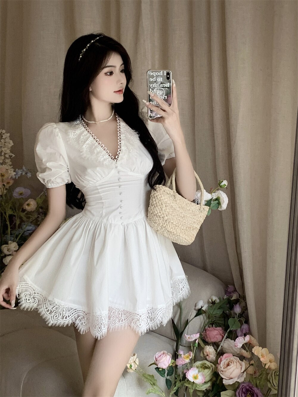 V-neck Lace Princess Dress Sexy Women's Summer Mini Dress 2022 Black High Waist  Slim Puffy Short Sleeve Party Dress Robe Femme