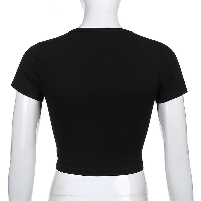 HOUZHOU Grunge Black T Shirt Women Y2k Crop Top Summer Sexy Vintage Print O-Neck Casaul Short Sleeve T-Shirts Kpop Streetwear
