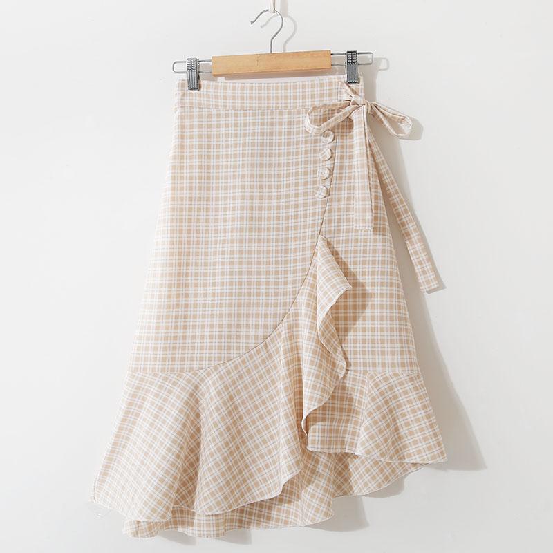 Summer Korean Lace-up Plaid High Waist Slim Ruffled Irregular Midi Skirt Elastic Waist A-line Side Split Ruffles Knee Skirts