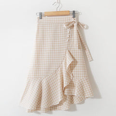 Summer Korean Lace-up Plaid High Waist Slim Ruffled Irregular Midi Skirt Elastic Waist A-line Side Split Ruffles Knee Skirts