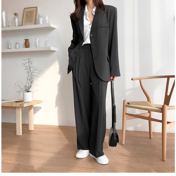 Lizakosht Office Lady Blazer Suits Korean Style Two Piece Set Women Suit Jacket + Wide Leg Pants OL Ensemble Femme 2 Piece Outfits Elegant