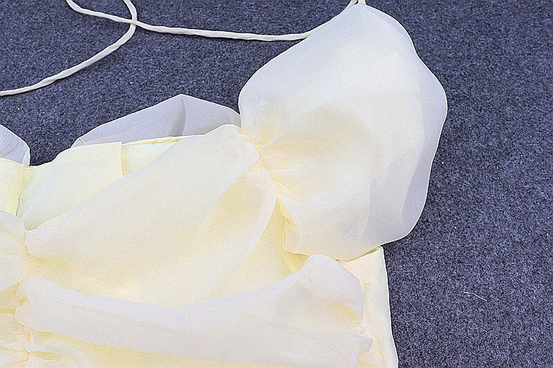 Summer T-Shirt for Women New Fashion Sweet Bow Knot Pile Sleeves Sexy Mesh Back Hollow Tether Hanging Neck Stitching Top Women