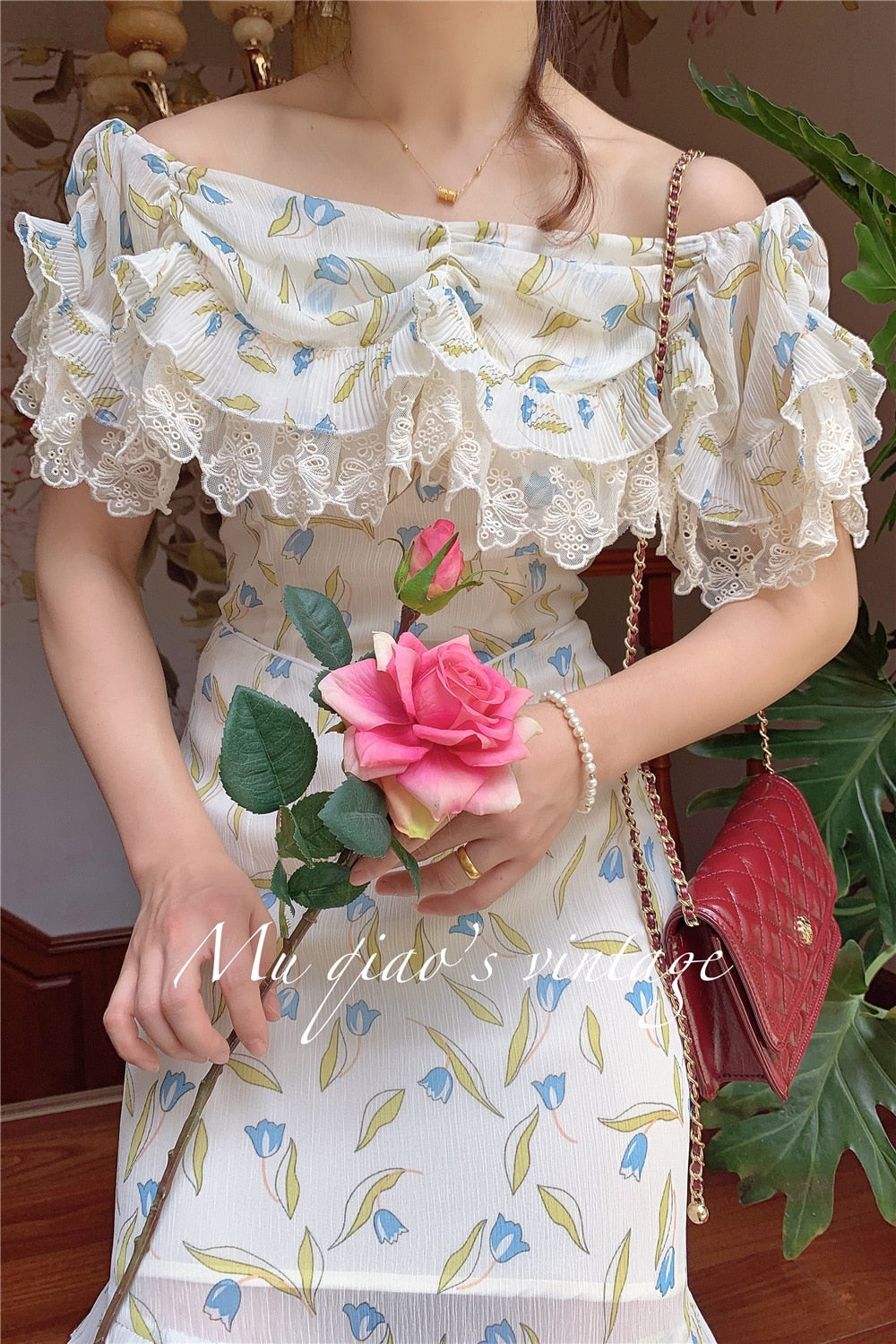 Lizakosht Dress For Women Vintage Elegant Slim Sexy Lace Slash Neck Floral Print Mini Dress Korean Fashion Summer Chiffon Bodycon Dress