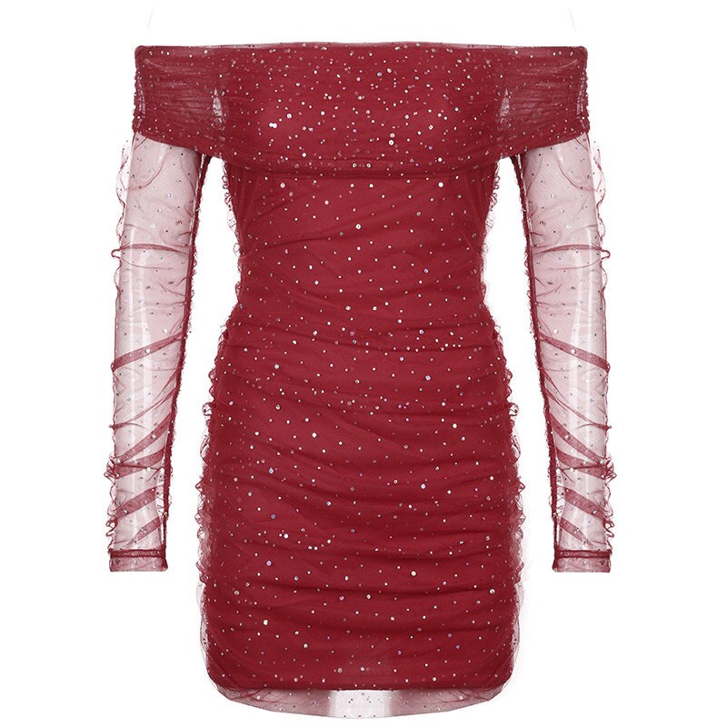 Gauze Sequins Mini Women's Dress For New Year 2022 Off Shoulder Long Sleeve Hip Package Party Dresses Elegant Dresses For Women