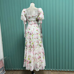 Lizakosht The French court is gentle and shoulders, wearing a light luxury niche big skirt, bubble princess sleeve tea break printed dress