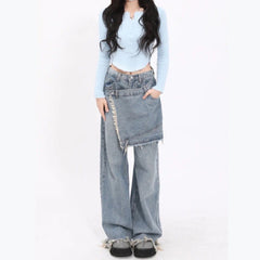 Feiernan Vintage Women Pants Y2k Patchwork Low Waist Denim Jeans Blue Full Length Trousers Spliced Oversized Wide Leg Bottoms