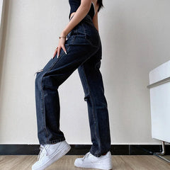 Lizakosht Black Jeans Women's Summer Loose Ripped Mid-waist Denim Wide-leg Pants Fashion Casual Retro Street Ladies Trousers