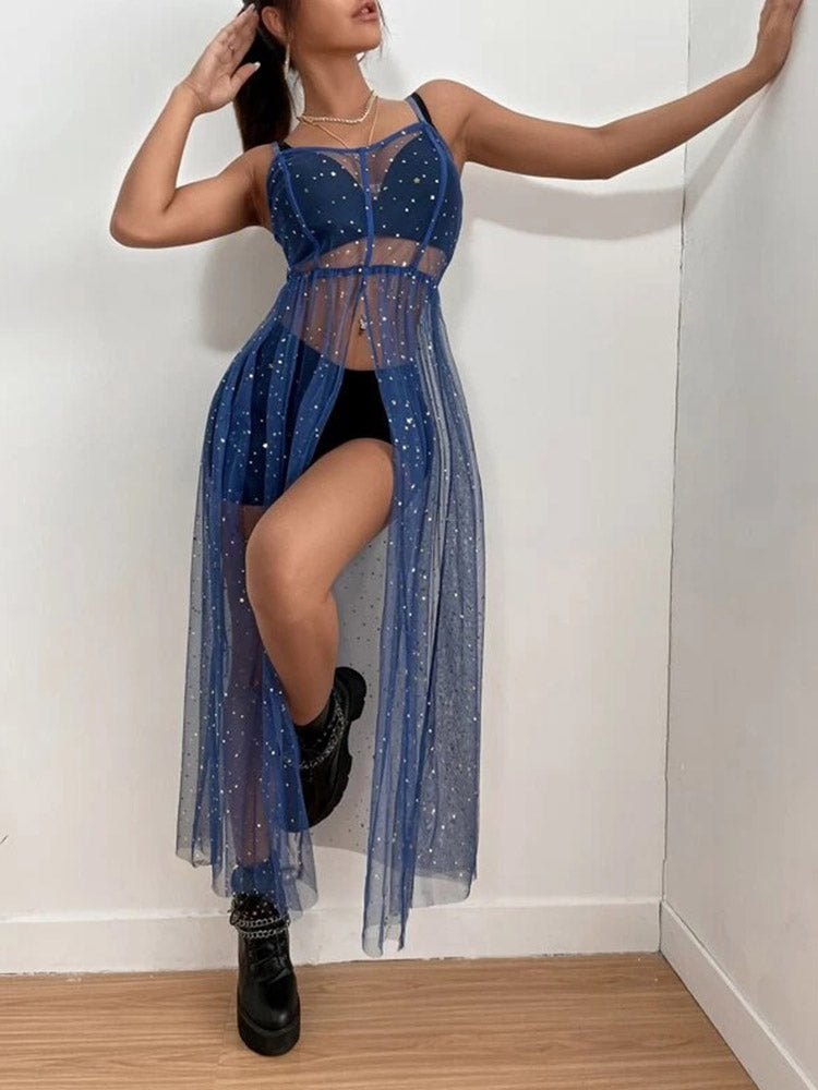 Lizakosht  Sexy Perspective Star Mesh Bikini Cover Up Dress Fashion Ins Style Street Sling Dress New Long Net Yarn Female Beachwear Dress