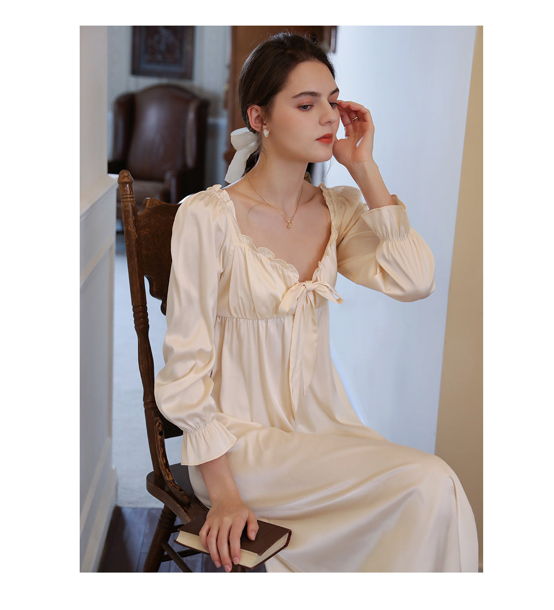 Nightgown Romantic Women Nightwear Sleep Dress  Satin Long Sleeve Sleeping Dress  Beautiful Bowknot