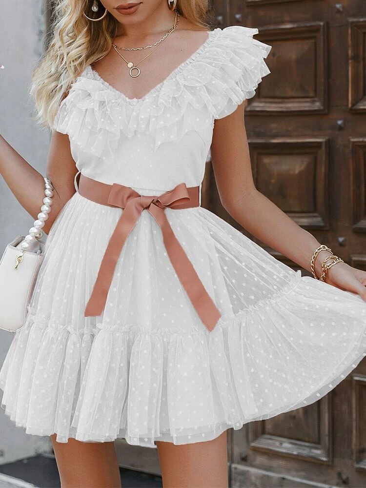 Lizakosht  Women Solid Ruffle Lace-up Sleeveless Dress Elegant V-Neck Lace Pleated A-Line Party Dress New Summer Vintage Chic Mini Dresses