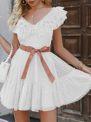 Lizakosht  Women Solid Ruffle Lace-up Sleeveless Dress Elegant V-Neck Lace Pleated A-Line Party Dress New Summer Vintage Chic Mini Dresses