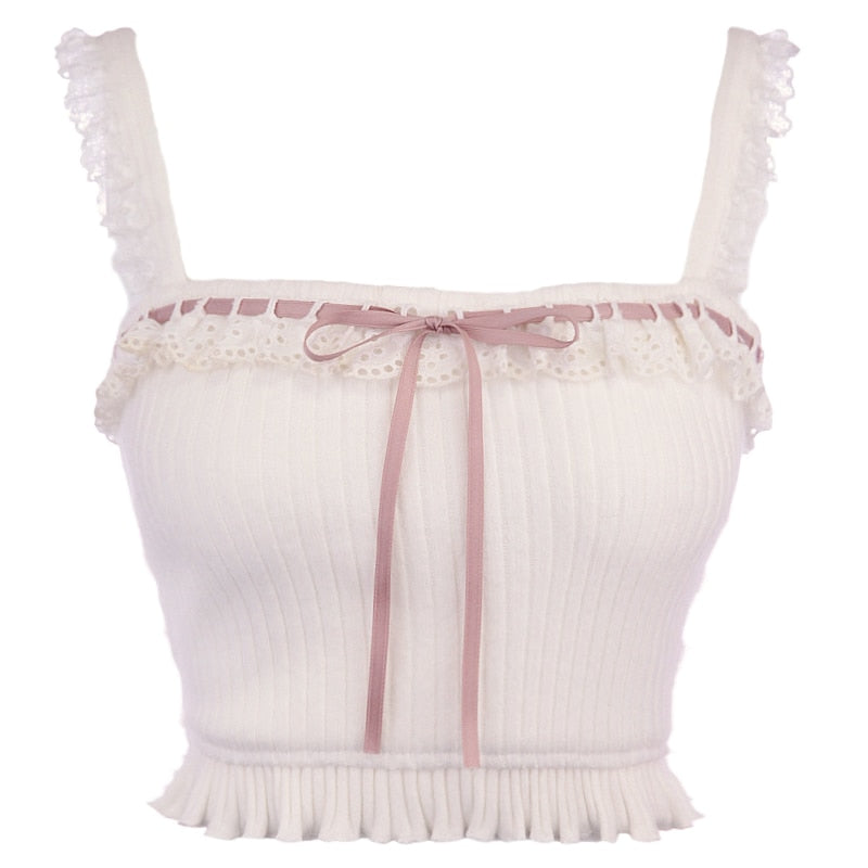 Lizakosht Pink Lolita Crop Tops Bow Slim Tanks Vest Korean Girls Kawaii Sleeveless Shirts Women Sweet Lace Ruffles Knitted Camis Summer