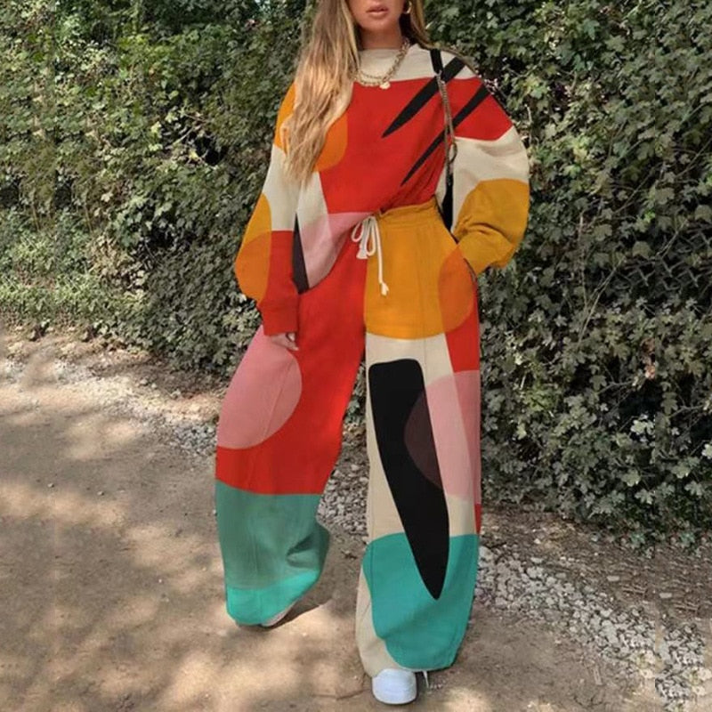 Lizakosht Autumn 2-Piece Set Women's Printed Casual Round Neck Sweater + Sports Wide Leg Pants Streetwear Basic Hoodie Set