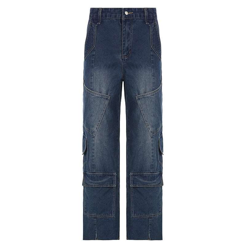 Lizakosht Retro Vintage Blue Cargo Denim Pants Pantalones De Mujer Mom Harajuku Hip Hop Patchwork Trousers Y2k Baggy Jeans Streetwear