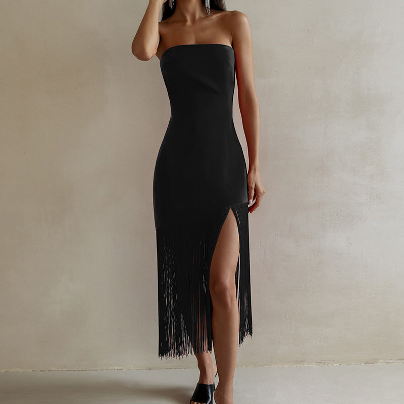 Lizakosht Dress White Elegant Midi Dress Women Sleeveless Summer Fringe Black Strapless Dress Lady Party