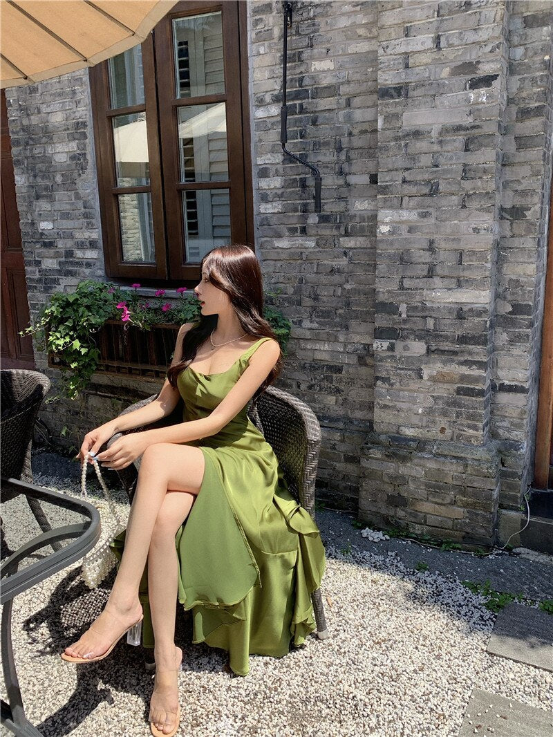 Lizakosht Imitation Acetate Satin Suspender Dress Long Dress Summer Mermaid Tail Large Hem Ruffled Holiday Dress