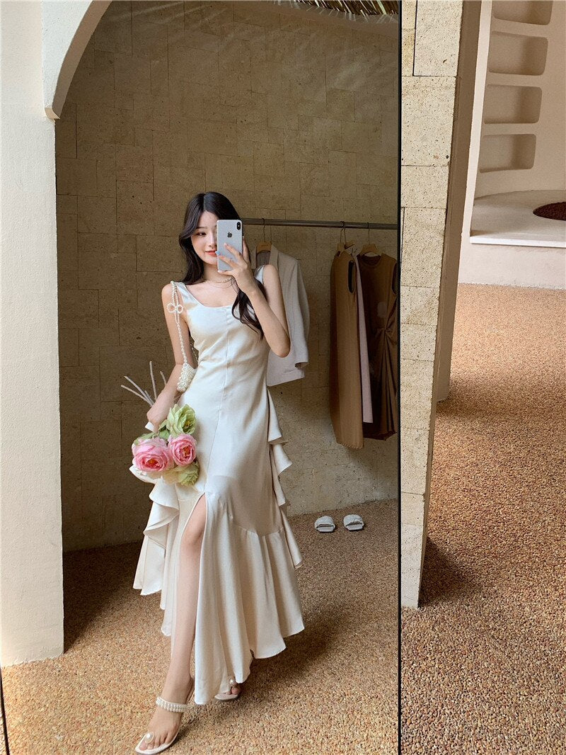 Lizakosht Imitation Acetate Satin Suspender Dress Long Dress Summer Mermaid Tail Large Hem Ruffled Holiday Dress