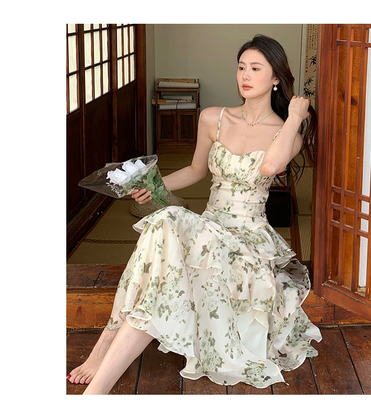 Lizakosht 2023 Summer Fairy Dress Floral Long Ruffles Chiffon Dress French Retro Dress vestidos de mujer abiti cerimonia donna lusso