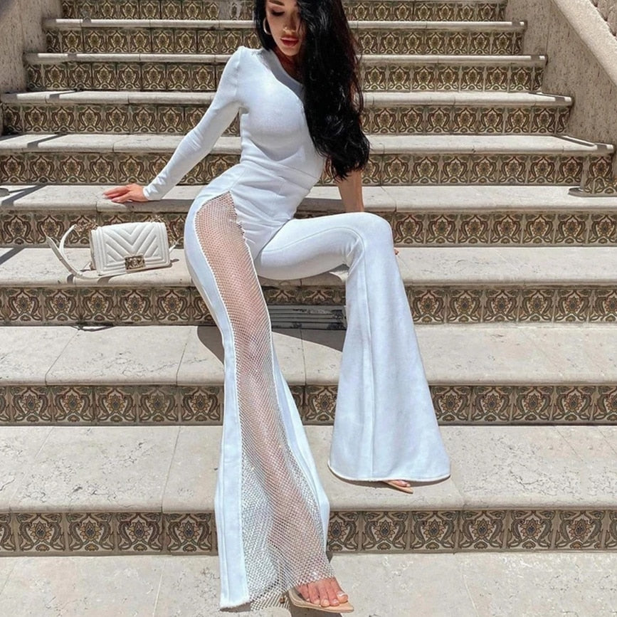 Lizakosht High Quality Summer Women'S Bodycon Flared Jumpsuit Sexy One-Shoulder Long-Sleeved Mesh Diamond Patchwork Party Jumpsuits