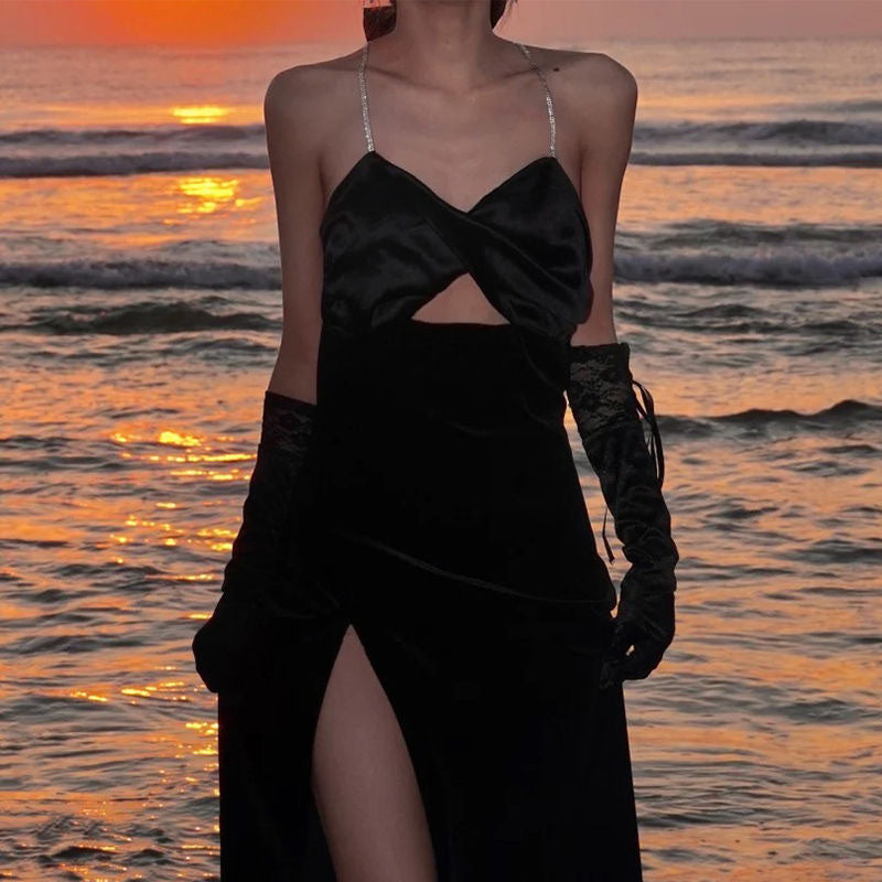 Summer Elegant Sexy Spaghetti Strap Midi Women Black Dress Bodycon Slim Backless Beach Party Vestidos Female Fashion Clothes