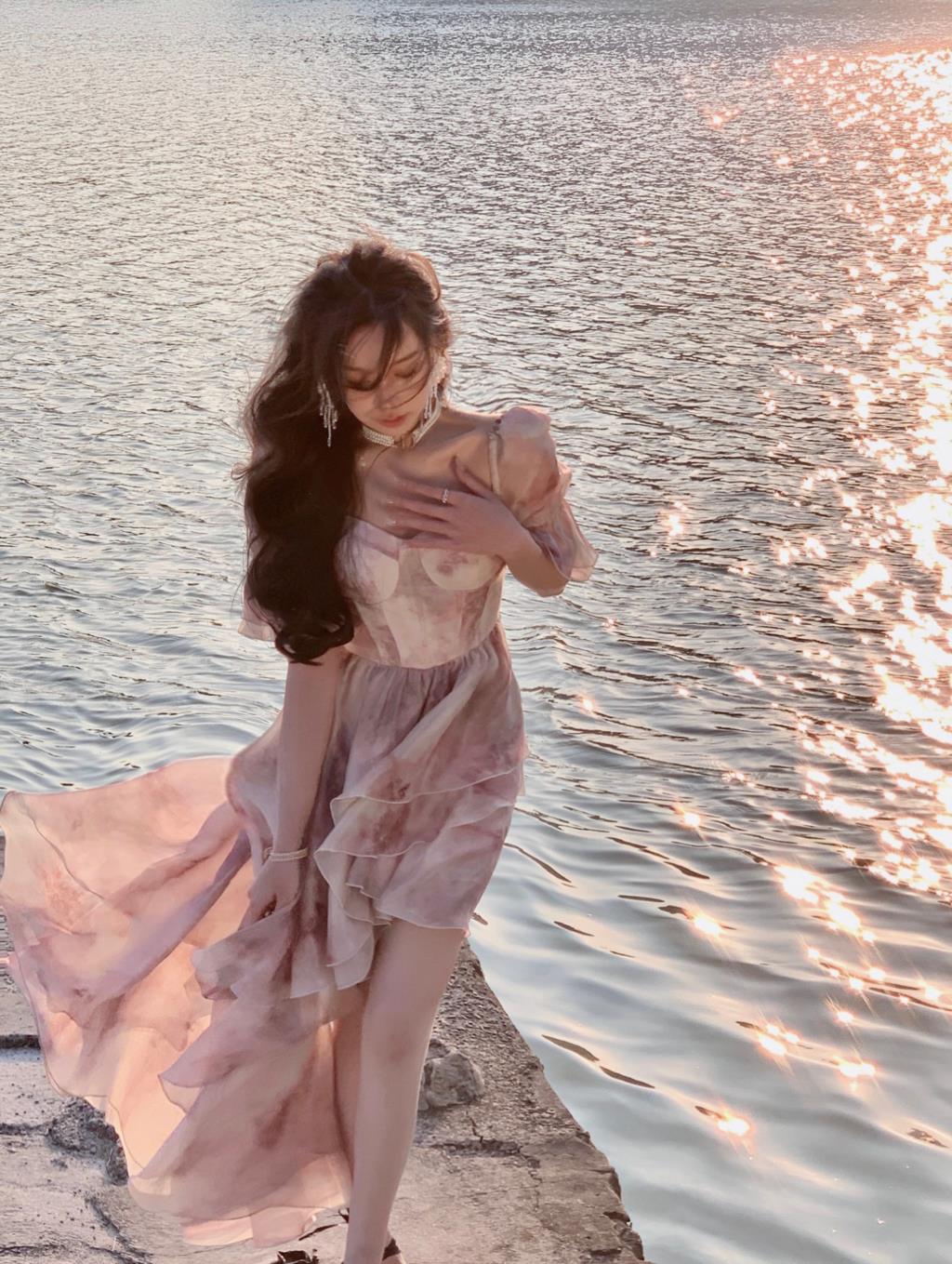 Lizakosht Summer super chiffon fairy princess puff sleeve long-sleeved dress temperament meat-covering medium and long fairy dress