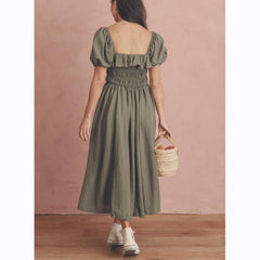 Lizakosht  Vintage clothes dress elegant midi dresses short sleeve square neck dress puff sleeve shirred dresses for women Summer