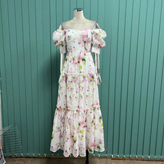 Lizakosht The French court is gentle and shoulders, wearing a light luxury niche big skirt, bubble princess sleeve tea break printed dress