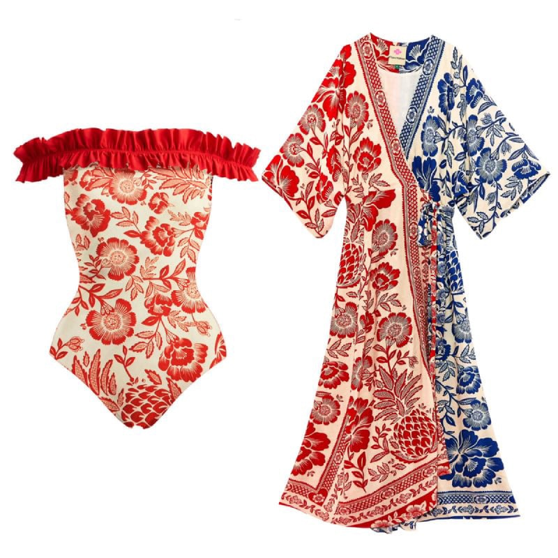 Lizakosht New Red Printed One-piece Swimsuit Women's Vacation Beach Sunscreen Cardigan Swimwear Hollow Out Swimsuit Cover Up Dress