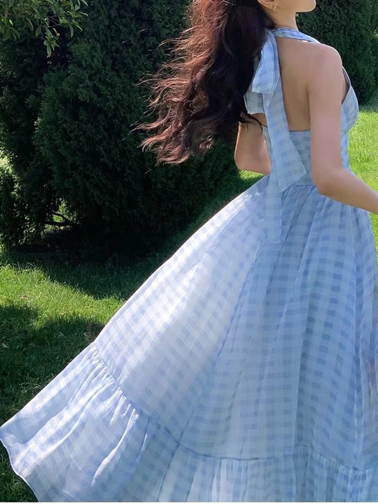 Lizakosht Romantic Women Blue Plaid Halter Long Dress Sexy Backless Sleeveless Ladies Holiday Summer Dresses Fairy Robe