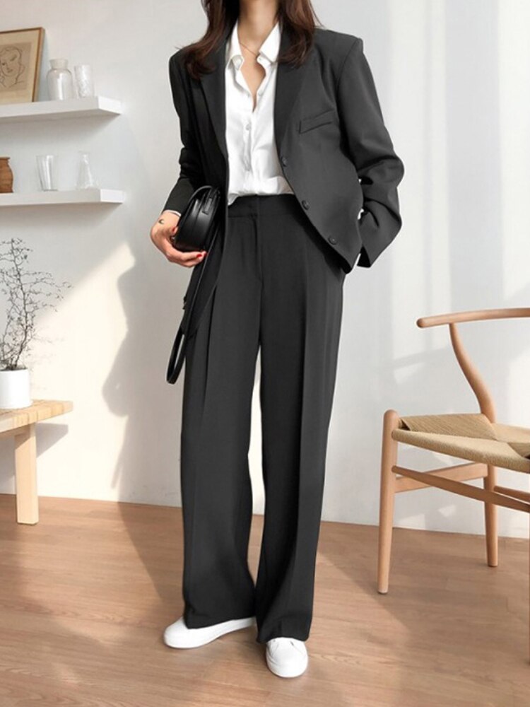 Lizakosht Office Lady Blazer Suits Korean Style Two Piece Set Women Suit Jacket + Wide Leg Pants OL Ensemble Femme 2 Piece Outfits Elegant