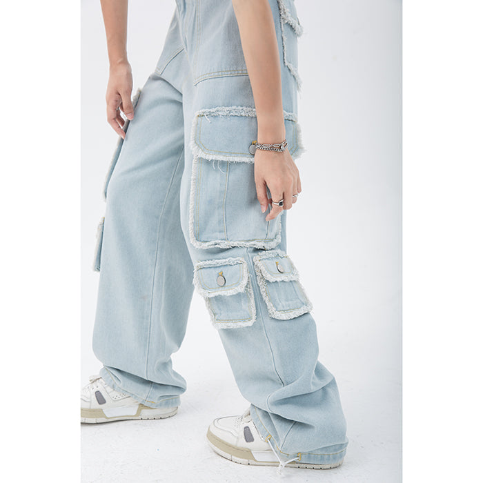 Lizakosht Women's Trendy High Street Baggy Cargo Jeans Straight Pants Tassel Wide Leg High Waist  Denim Trouser Y2k  Streetwear Harajuku