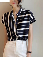 Lizakosht Summer Women Casual Striped Shirt Office Lady Short Sleeve Fashion Chiffon Shirt Top Female Blouse