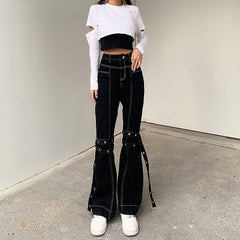 Lizakosht Woman Female High Waist Elastic Pants Girl All-Match Zipper Wash Denim Trousers Women Sexy Lace-Up Decorated Black Jeans