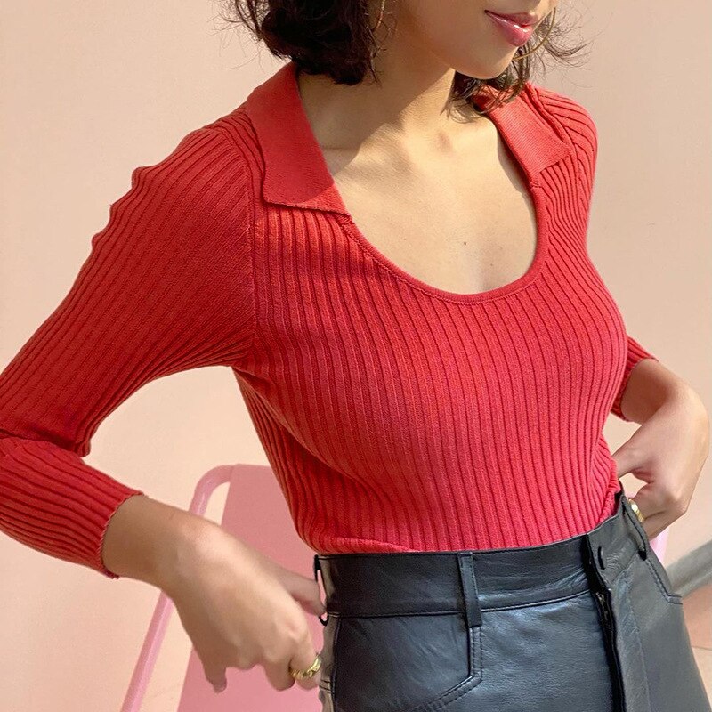 Lapel Long-sleeved Knitted Top Casual  Fall/winter New Fashion Women's Solid Color Lapel Slim Short Bottoming Shirt Women