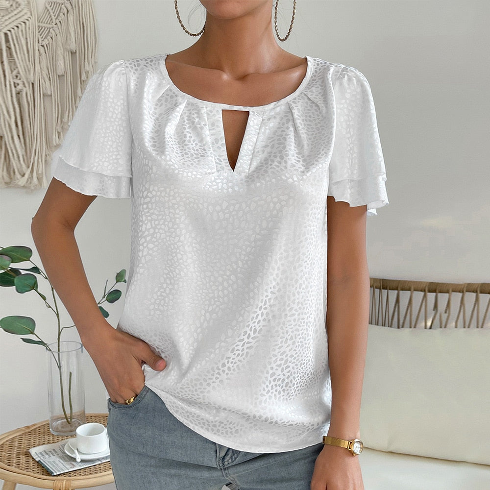Lizakosht Summer New Women  Elegant White Color Shine Top Double Lotus Sleeve Short Sleeve Crewneck Casual Elegant Lady T-Shirts Tops