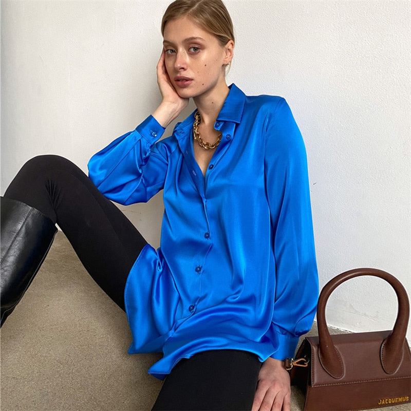 Lizakosht  Satin Shirt Spring and Summer Long Sleeve Temperament Shirt Lapel  Woman Button Up Shirt Long Sleeve Blouse Shirts Women Shirts
