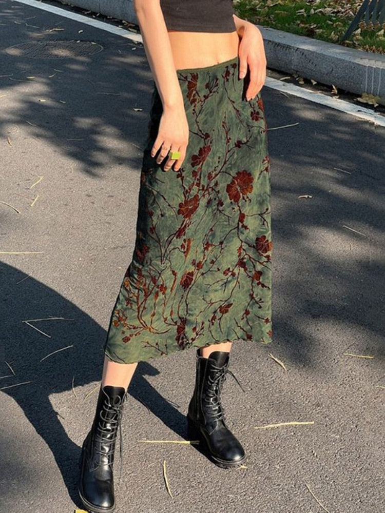 Lizakosht  Vintage Printed Long Skirt Women Y2k Grunge Green Cottagecore Low Waist Slim Straight Midi Skirt Girls 90s Aesthetic