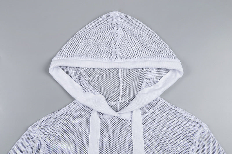 Lizakosht  Women Sexy Mesh Hooded Sweatshirt Spring Autumn Long Sleeve Transparent Fishnet Crop Top 2022 Casual Pullover White Black Tee