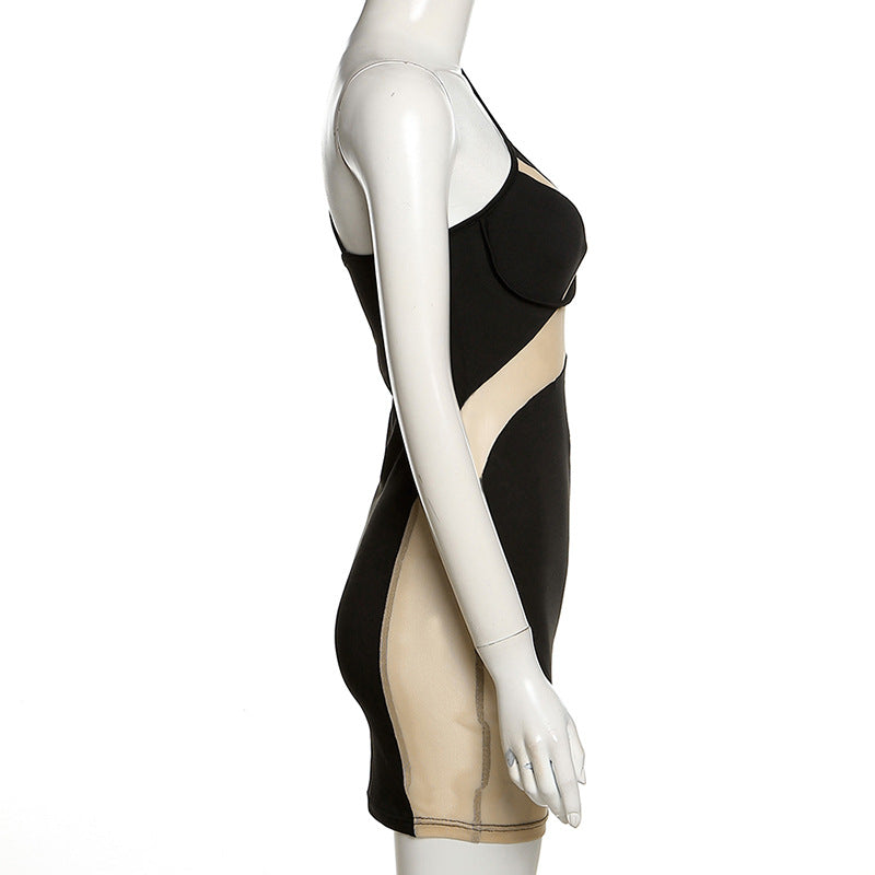 Lizakosht  Sexy Club Sheer Mesh Dress 2022 Ladies Sleeveless Paneled Slanted Shoulder Slim Fit Hip Dress