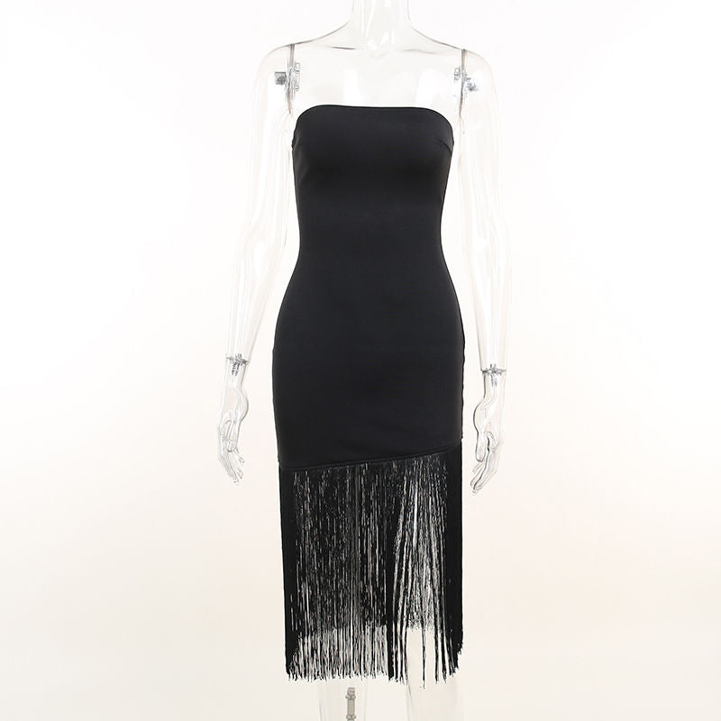 Lizakosht Dress White Elegant Midi Dress Women Sleeveless Summer Fringe Black Strapless Dress Lady Party