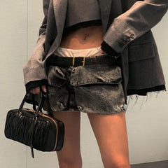 Lizakosht Punk Style Pockets Sexy Micro Skirts Harajuku Cyber Gothic Vintage Washed Denim Skirt Y2k Low Waist Streetwear Grunge Bottoms
