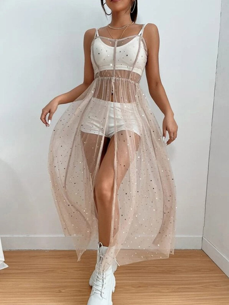 Lizakosht  Sexy Perspective Star Mesh Bikini Cover Up Dress Fashion Ins Style Street Sling Dress New Long Net Yarn Female Beachwear Dress