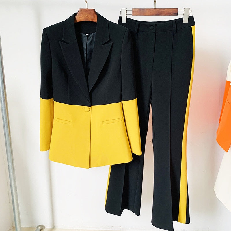 Lizakosht Blazer Pants Suit Two Piece Set Office Ladies Women Color Match Business Single Button Flared Pants Blazer Pants Formal Suit