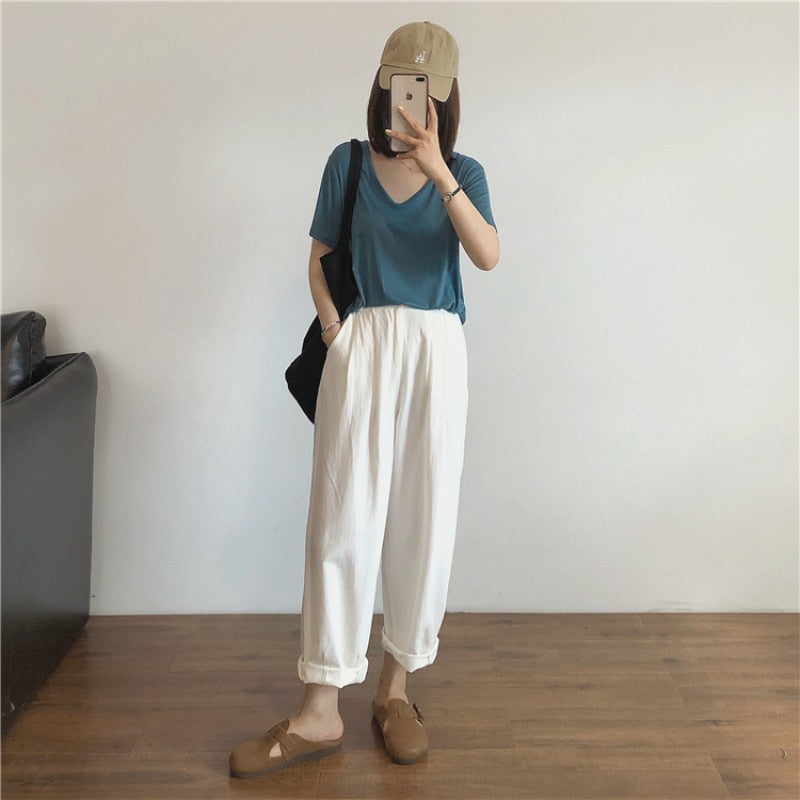 S-5XL Summer Cotton Linen Long Wide Leg Pants for Women 2022 High Waist Loose Casual Trousers Female