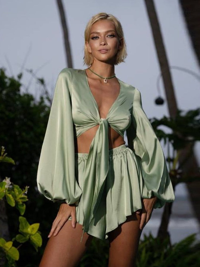 Lizakosht Fashion Women'S Pajamas Sets Sexy V-Neck Sleepwear Long Sleeve Lace Up  Nightwear Shorts Summer Femme Pyjamas Suits